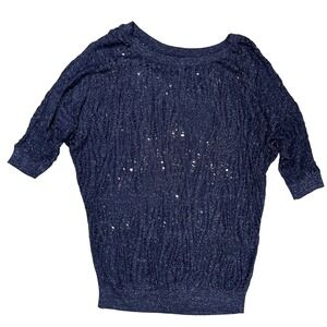 Express Women's Blue Metallic Thread Open Knit Sweater Sz Small Dolman Sleeves